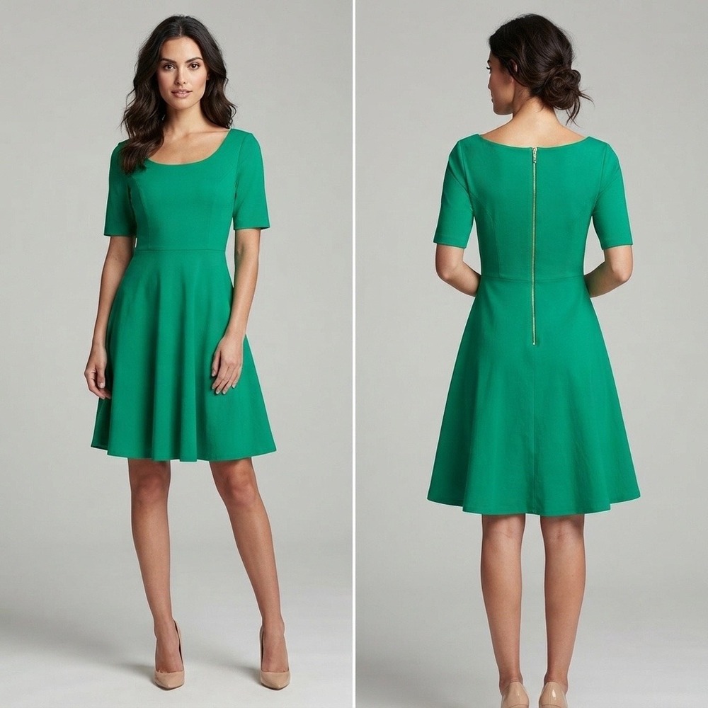 Kate Spade Fit and Flare Dress Women's Size 4 Green Short Sleeve Gold Zip Back‎